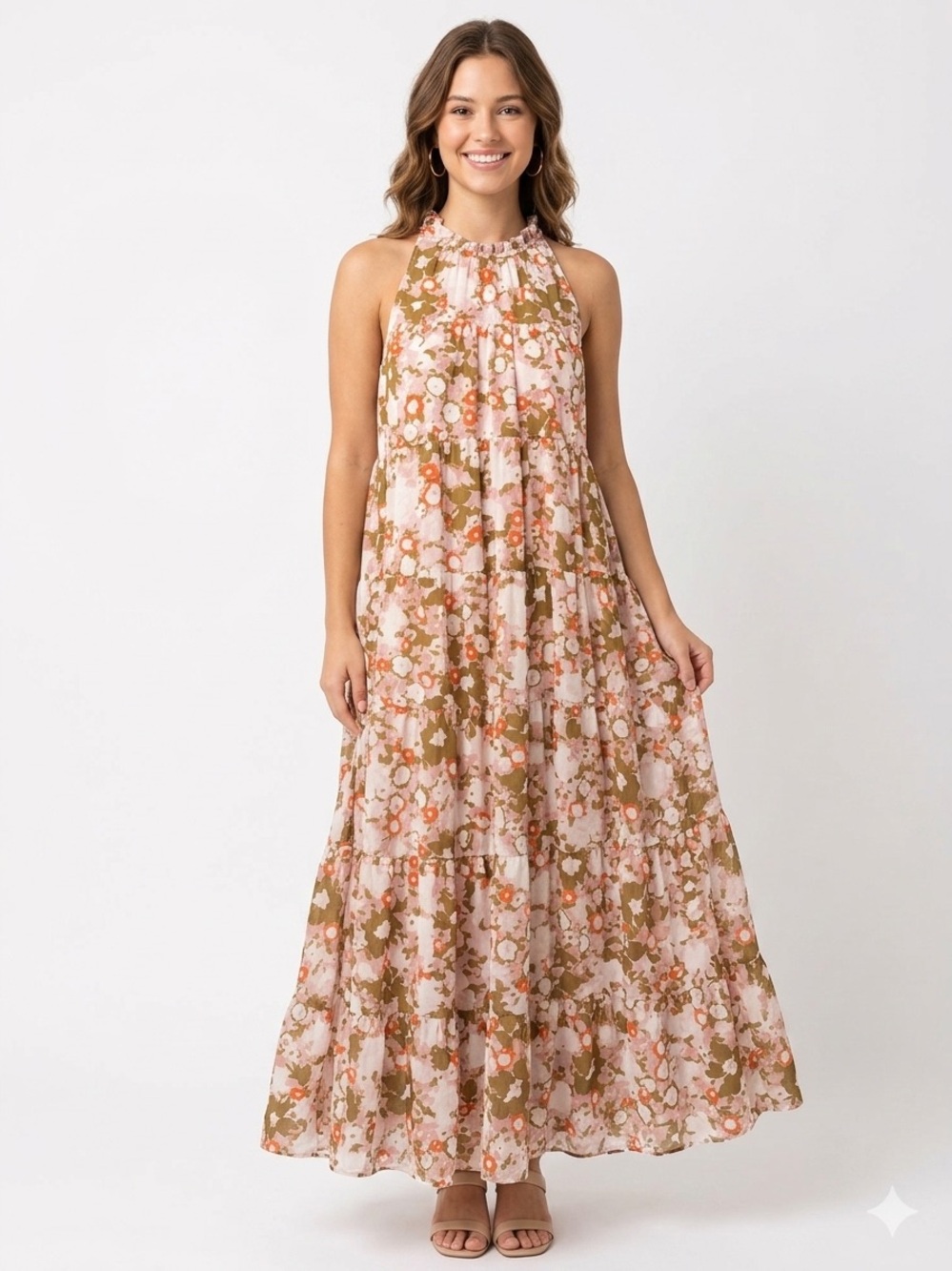 Entro Ruffle High Neck Tiered Floral Maxi Dress Medium